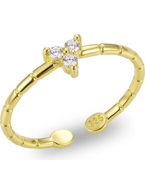 Söğütlü Silver 925 Ayar Gümüş Yüzük Altın Kaplama Tria / Üçtaş Zirkon Yüzük - Ayarlanabilir Minimal Kadın Yüzük SGTL13510GOLD