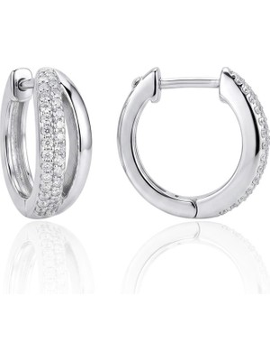 Söğütlü Silver 925 Ayar Gümüş Beyaz Altın Kaplama Çift Sıra Taşlı Halka Küpe - Üç Hatlı Zirkon Taşlı Huggie Kadın Küpe SGTL13493RODAJ