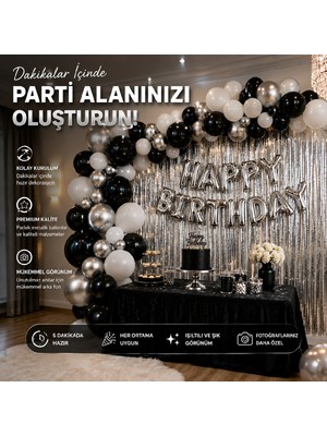 Bkmc Party Happy Birthday Siyah Beyaz Gümüş Doğum Günü Süsleme Seti | Happy Birthday Balon Zinciri Gümüş Duvar Perdesi Parti Dekorasyon Seti Balon Parti Doğum Günü Süsleme Seti