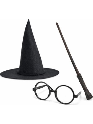 Die Grup Harry Potter Tarzı Çocuk Seti - Siyah Keçe Şapka, Asa, Gözlük