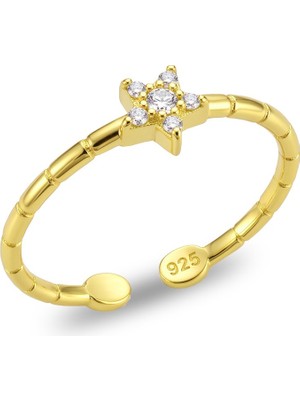 Söğütlü Silver 925 Ayar Gümüş Yüzük Altın Kaplama Yıldız Motifli Zirkon Taşlı Yüzük - Ayarlanabilir Minimal Kadın Yüzük SGTL13511GOLD