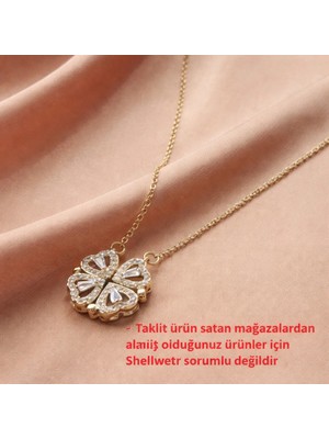 ShellWetr Sheeny Yonca Kolye | Mıknatıslı Kalp Detaylı | Altın Kaplama | Şans & Aşk Simgesi