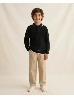 Siyah Çizgili Fermuarlı Yakalı Erkek Çocuk Sweatshirt