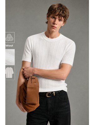 Tarz Cool Erkek Çizgili Triko Tişört Bisiklet Yaka Slim Fit Kısa Kollu
