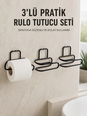 Die Grup 3’lü Yapışkanlı Tuvalet Kağıdı Tutucu Seti Siyah Duvar Tipi Rulo Kağıtlık