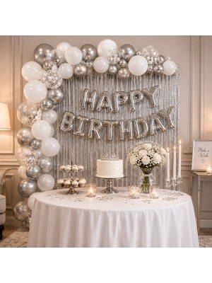 Bkmc Party 50 Adet Balonlu Happy Birthday Folyo  Set Beyaz Gümüş Doğum Günü Süsleme Seti 50'li Balon Happy Birthday Folyo Yazı Gümüş Duvar Perdesi Balon Zinciri Balon Parti Doğum Günü Süsleme Seti