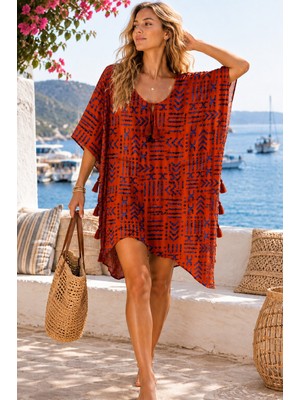 Aquasis Turuncu Lacivert Bohem Etnik Desenli Vual Pareo Elbise – Nefes Alan Hafif Kumaş | Oversize | 36 - 52 Beden Uyumlu