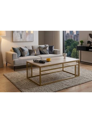 Vivense Milano Gold Metal Ayaklı Traverten Üst Tablalı Orta Sehpa
