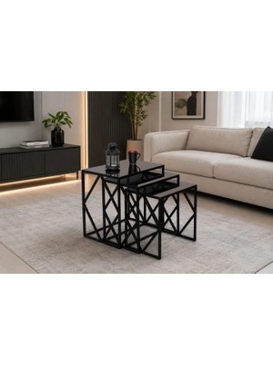 Vivense Venice Siyah Metal Ayaklı Füme Aynalı Zigon Sehpa