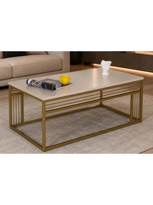 Vivense Milano Gold Metal Ayaklı Ekru Üst Tablalı Orta Sehpa