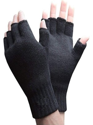 Sungur's Store Yarım Parmak Kesik Siyah Eldiven Unisex 1 Çift Sıcak Tutan Yün Kışlık Kadın Erkek