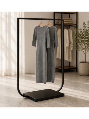MD Vitrin Dekorasyon Butik Tekli Askılık Mağaza Ayaklı Standı Siyah / Siyah Mdf Bazalı Askılık