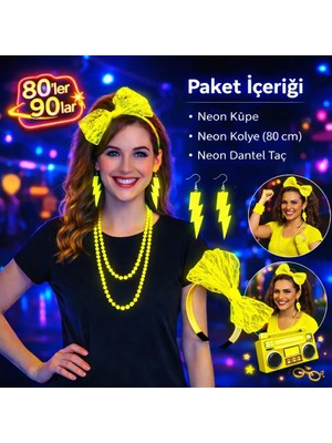 ALK 80’ler 90’lar Neon Sarı Parti Seti – Kolye Küpe Taç