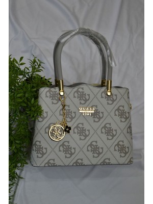 Generic Gri Monogram Desenli Çiçek Charmlı Lüks Omuz ve El Çantası
