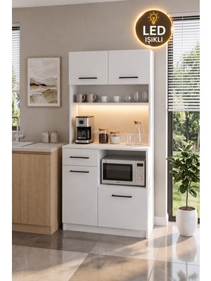 Robeve LED Aydınlatmalı Kahve Köşesi Dolabı - 4 Kapaklı 1 Çekmeceli Modern Kahve Köşesi - LED Işıklı Çok Amaçlı Dolap Mutfak Dolabı Geniş Depolama Alanı Çok Amaçlı LED Işıklı Dolap Ledli Kahve Köşesi