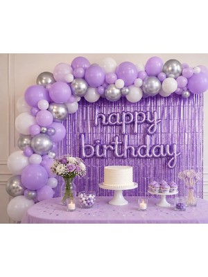Bkmc Happy Birthday Folyo Set Lila Beyaz Gümüş Doğum Günü Süsleme Seti 55'li Balon Happy Birthday Folyo Yazı Lila Duvar Perdesi Balon Zinciri Parti Dekorasyon Seti Balon Parti Doğum Günü Süsleme Seti