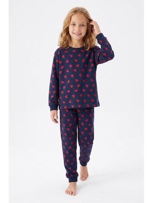Bunny Hopp Kız Çocuk Uzun Kollu Pijama Takımı %100 Pamuk Lacivert Kırmızı Kalpli Penye