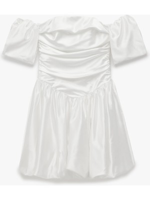 Koton Omzu Açık Balon Kol Drapeli Saten Mini Bridal Elbise