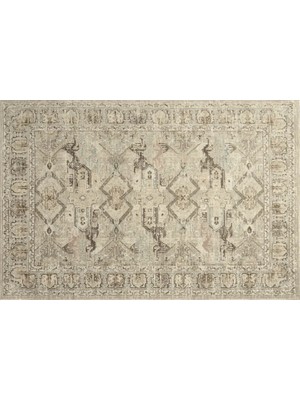 Vivense Kum Beji ve Vizon Geometrik Motifli Vintage Eskitme Halı, 201X274