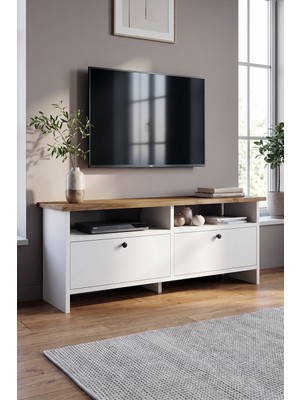 Robeve Tv Ünitesi 120 cm - Beyaz Atlantik Çam Modern Televizyon Ünitesi Televizyon Sehpası - 2 Kapaklı, 2 Açık Raflı Geniş Depolama Alanlı Modern Tv Dolabı Tv Ünitesi 120X30CM Atlantik Çam Beyaz