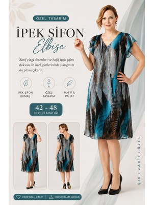 Moda Berray 984 Ipek Şifon  Özel Tasarım Desen Baskı  Şık Kloş Turkuaz Elbise