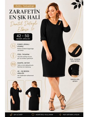 Moda Berray 2626 Siyah Esnek Likralı Kumaş Manşeti Yakası Dantel Detaylı Kısa Şık Büyük Beden Elbise
