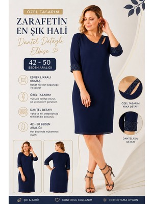 Moda Berray 2626 Lacivert Esnek Likralı Kumaş Manşeti Yakası Dantel Detaylı Kısa Şık Büyük Beden Elbise