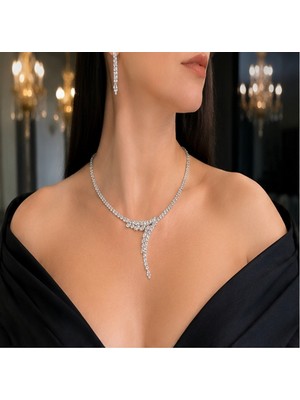 Luna Zarafet Kadın Taşlı Abiye Kolye Küpe Seti – Gümüş Renk Y Model Işıltılı Takı Seti