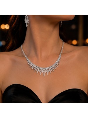 Lumi Işıltı Kadın Abiye Set – Taşlı Sarkıtlı Kolye Küpe Takım Özel Gün Takısı