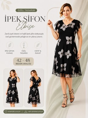 Moda Berray 984 Ipek Şifon Çiçek Desenli Şık Kloş Siyah Elbise