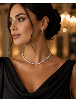 Kadın Abiye Takı Seti Gümüş Renk Taşlı Choker Kolye Küpe Seti Işıltılı Zarif Düğün Nişan Gece Takısı