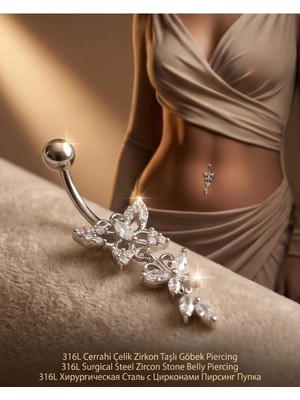 Begonia Accessories 316L Cerrahi Çelik 925 Ayar Gümüş Kaplama Zirkon Taşlı Özel Tasarım Figürlü Göbek Piercing - Paslanmaz Kararmaz Anti Alerjik Kadın Belly Button Piercing Göbek Takısı- 188-7