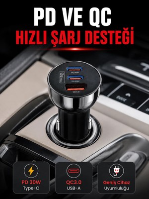 Twin Store 3 Portlu Araç Içi Şarj Adaptörü Çift Pd Type-C ve Qc3.0 USB Çıkışlı