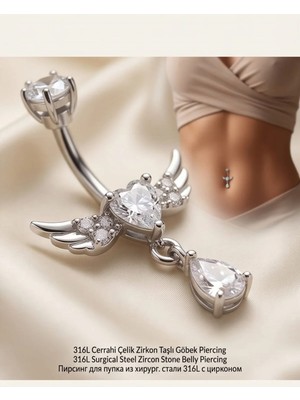 Begonia Accessories 316L Cerrahi Çelik 925 Ayar Gümüş Kaplama Zirkon Taşlı Özel Tasarım Figürlü Göbek Piercing - Paslanmaz Kararmaz Anti Alerjik Kadın Belly Button Piercing Göbek Takısı- 188-4