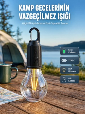 Twin Store Şarjlı Aydınlatma Ampul Tasarımlı Ambians Işık Askılı Kamp Lambası