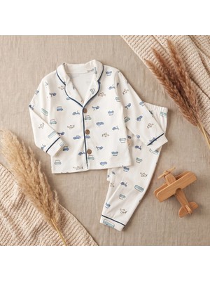Minelora Uçak Desenli Pamuklu Erkek Çocuk Pijama Takımı