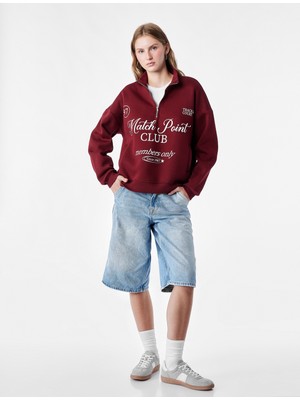 Koton Şardonlu Rahat Kalıp Uzun Kollu Cepli Yarım Fermuarlı Baskılı Sweatshirt