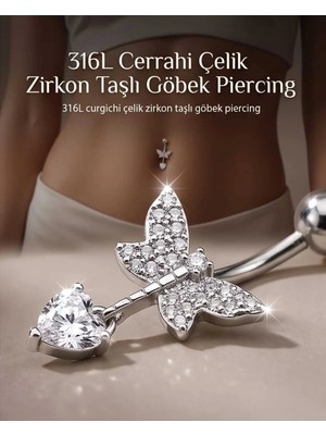 Begonia Accessories 316L Cerrahi Çelik 925 Ayar Gümüş Kaplama Zirkon Taşlı Özel Tasarım Figürlü Göbek Piercing - Paslanmaz Kararmaz Anti Alerjik Kadın Belly Button Piercing Göbek Takısı- 188-3