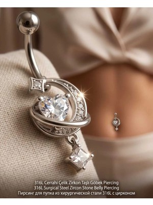 Begonia Accessories 316L Cerrahi Çelik 925 Ayar Gümüş Kaplama Zirkon Taşlı Özel Tasarım Figürlü Göbek Piercing - Paslanmaz Kararmaz Anti Alerjik Kadın Belly Button Piercing Göbek Takısı- 188-2