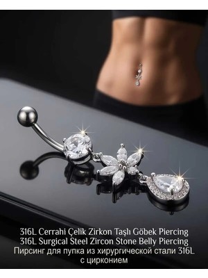 Begonia Accessories 316L Cerrahi Çelik 925 Ayar Gümüş Kaplama Zirkon Taşlı Özel Tasarım Figürlü Göbek Piercing - Paslanmaz Kararmaz Anti Alerjik Kadın Belly Button Piercing Göbek Takısı- 188-8
