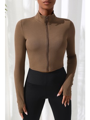 Kadın Kahverengi Uzun Kol Fermuarlı Parmak Geçme Detaylı Dik Yaka Crop Top Bluz