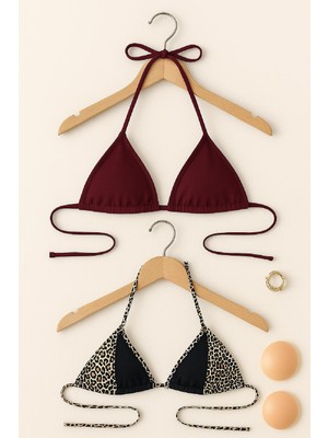 Kadın Leopar Desenli ve Bordo Minimal Kesim Üçgen Bikini Üstü