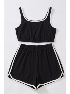 Kadın Siyah Askılı Crop Top ve Şortlu Gecelik Takım