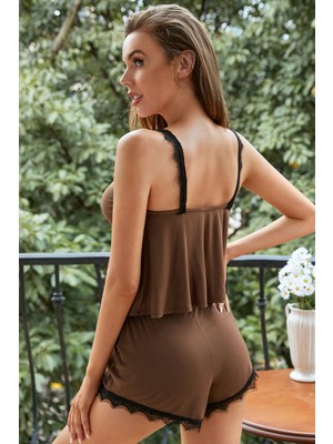 Kadın Kahverengi Dantelli Şortlu Pijama Takımı