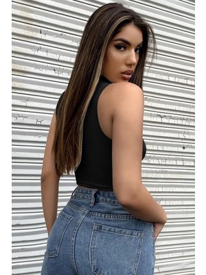 Kadın Siyah Yarım Fermuarlı Sıfır Kol Crop Top Bluz