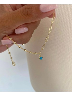 Bade Jewelry Fd Gold Ataç&top Zincirli Mavi Taş Detaylı Kararmaz Çelik Şık Halhal