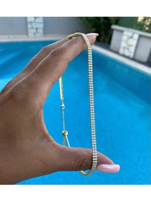 Bade Jewelry Fd Gold Çift Sıra Suyolu Model Asansörlü&kopçalı Ayarlanabilir Kararmaz Şık Choker Kolye