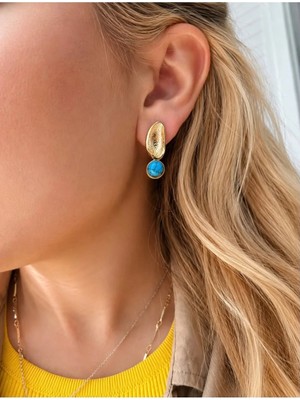 Bade Jewelry Fd Gold Dokulu Plaka & Mavi Taş Detaylı Kararmaz Çelik Şık Küpe