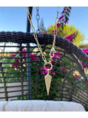 Bade Jewelry Fd Gold Ataç Zincir Taşlı Üçgen Uç Detaylı Modern Kararmaz Çelik Şık Kolye 60+5 cm