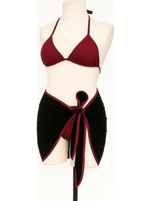 Kadın Bordo Siyah Pareolu Yandan ve Boyundan Bağlamalı 3'lü Bikini Takımı